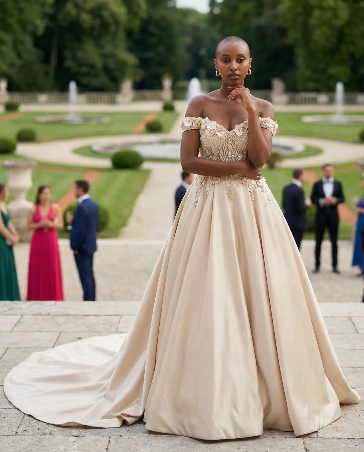 Champagne floor-length dress at a formal wedding reception with crystal chandeliers