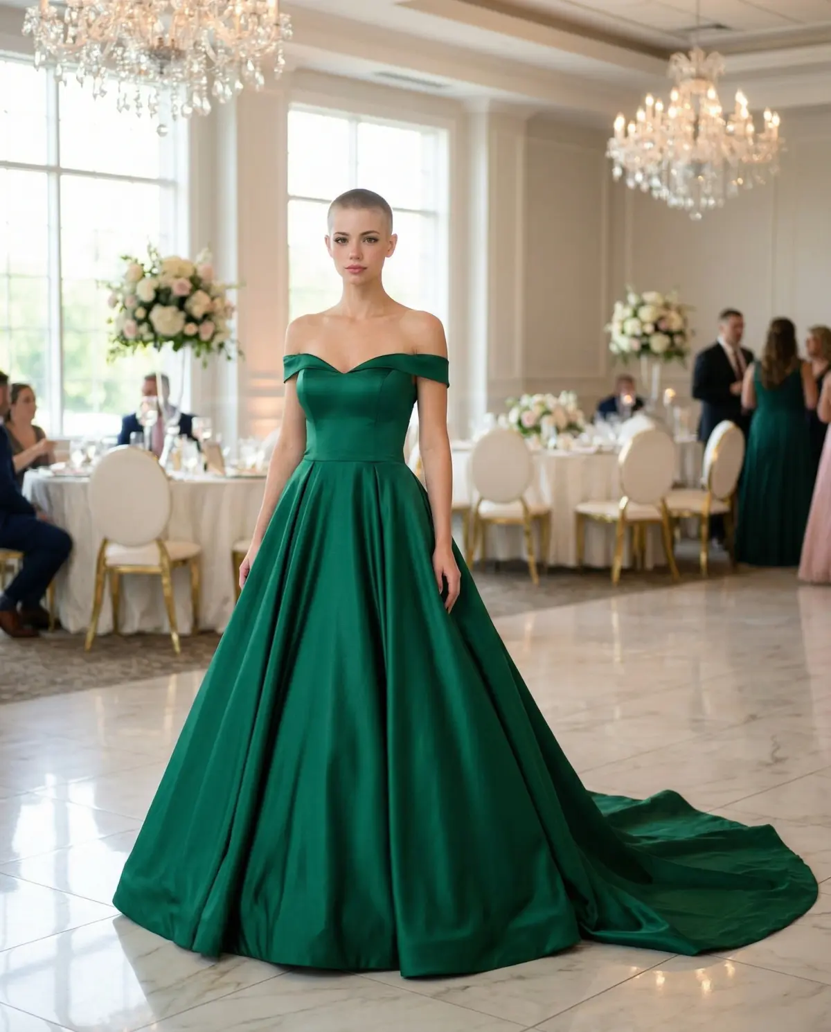 Wedding guest in a floor-length emerald green satin gown at an elegant ballroom reception with chandeliers