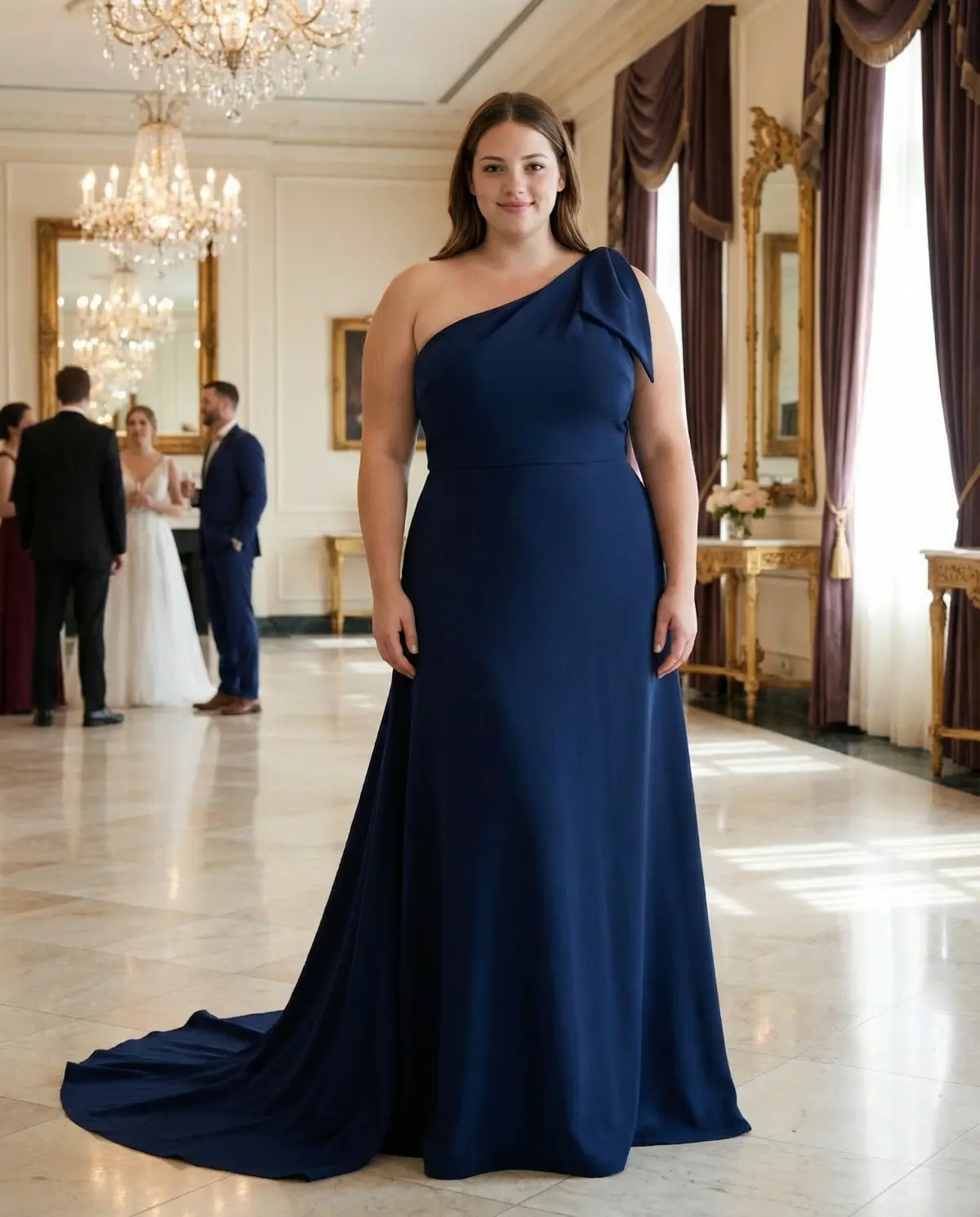 Navy blue one-shoulder floor-length gown at a luxurious hotel ballroom wedding