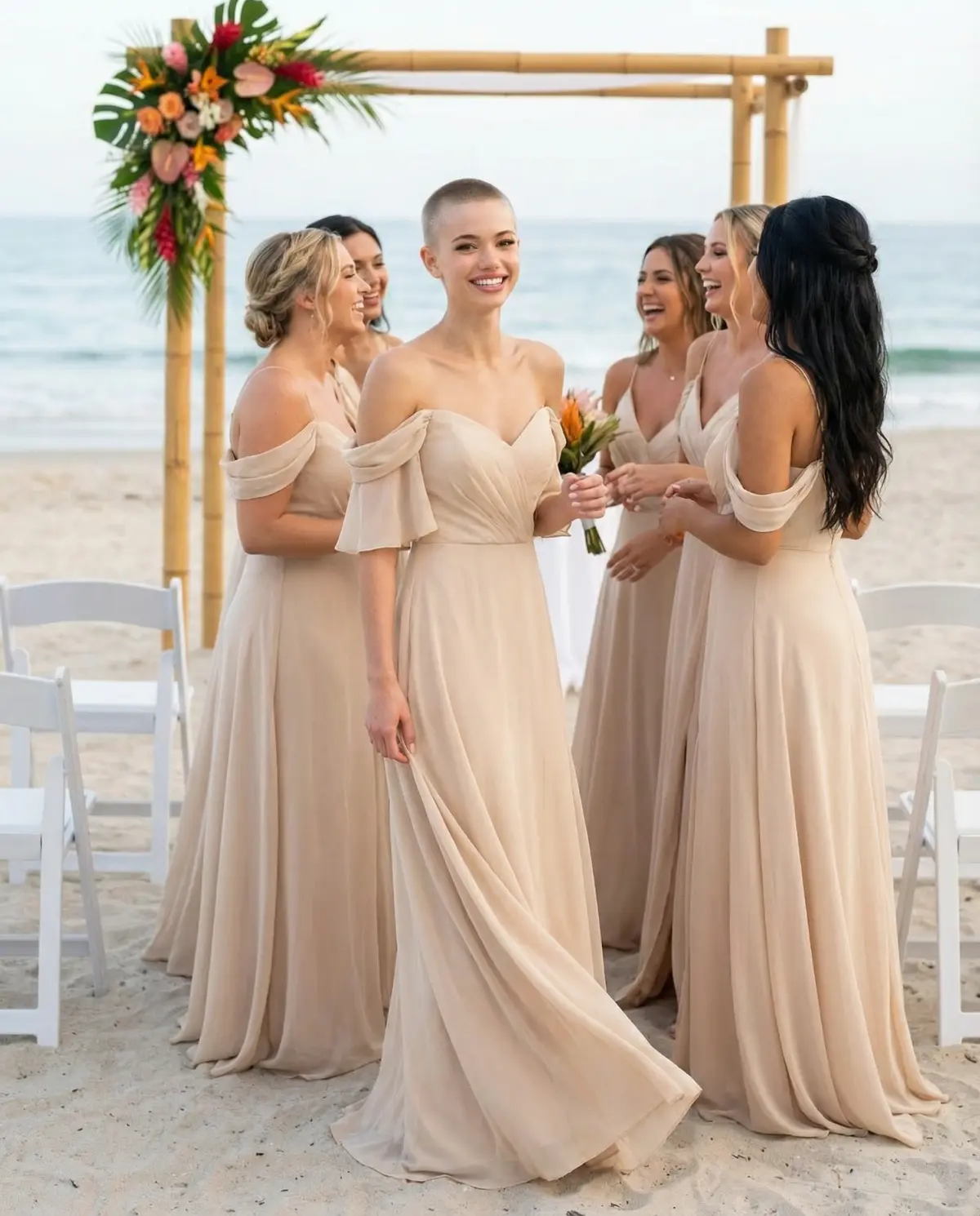 Bridesmaid in a champagne chiffon off-shoulder maxi dress at a beach wedding