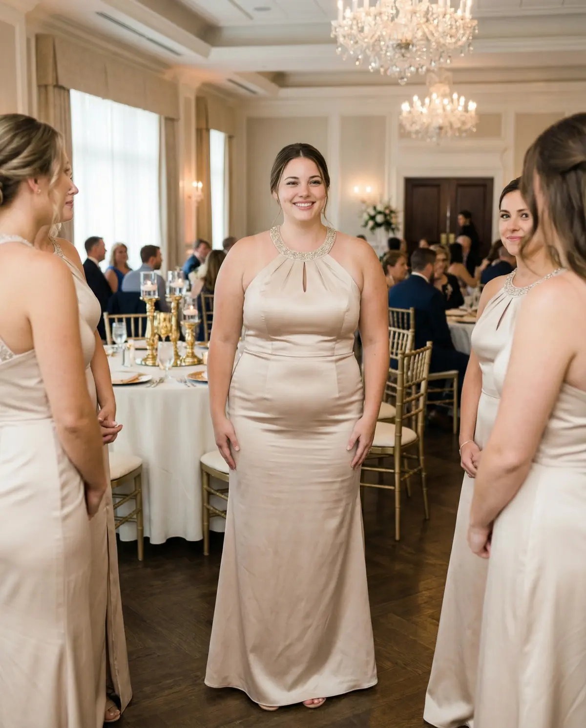Bridesmaid in a champagne beaded halter maxi dress at an elegant ballroom reception