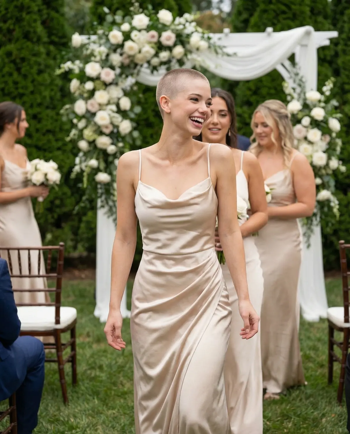 Bridesmaid in a champagne satin slip dress with cowl neckline at a garden wedding ceremony