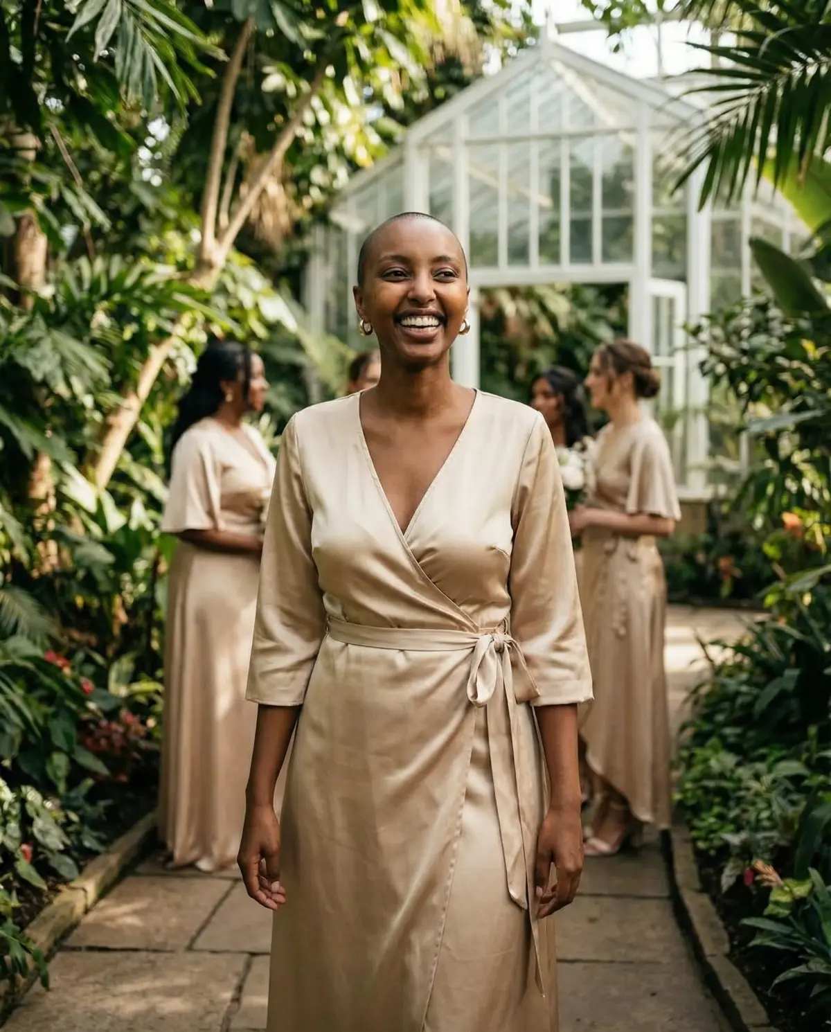 Bridesmaid in a champagne gold satin wrap dress at a botanical garden wedding