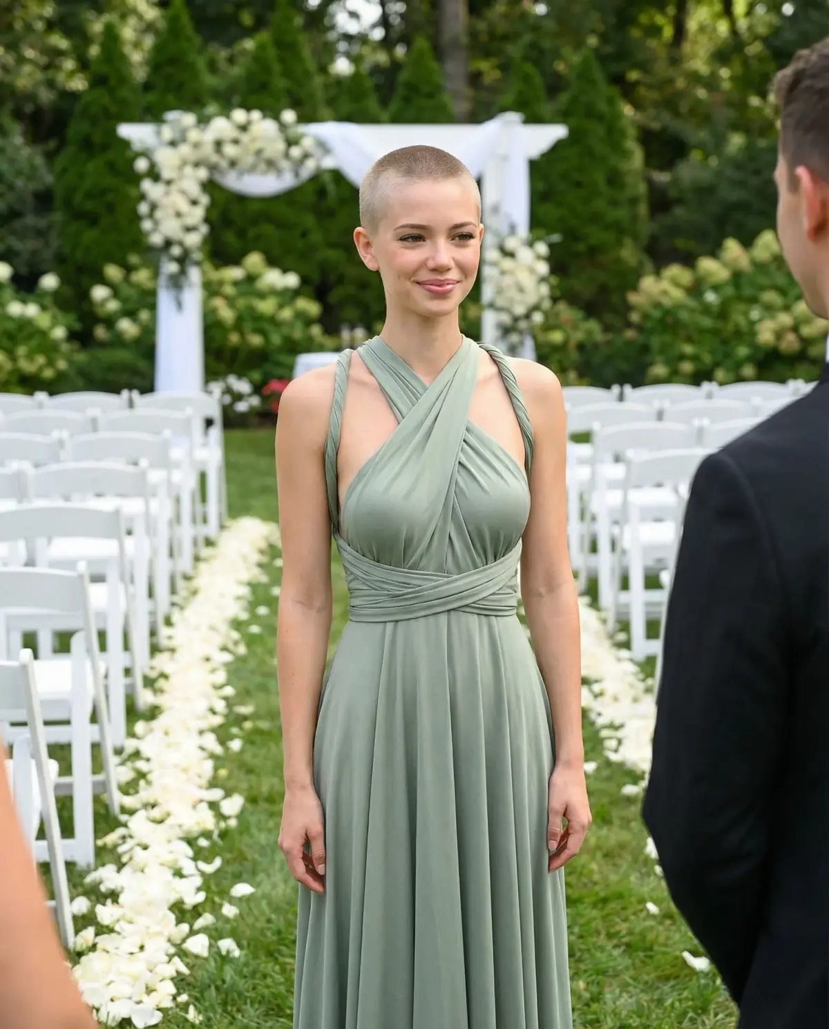 Sage green convertible bridesmaid dress styled with cross-back straps