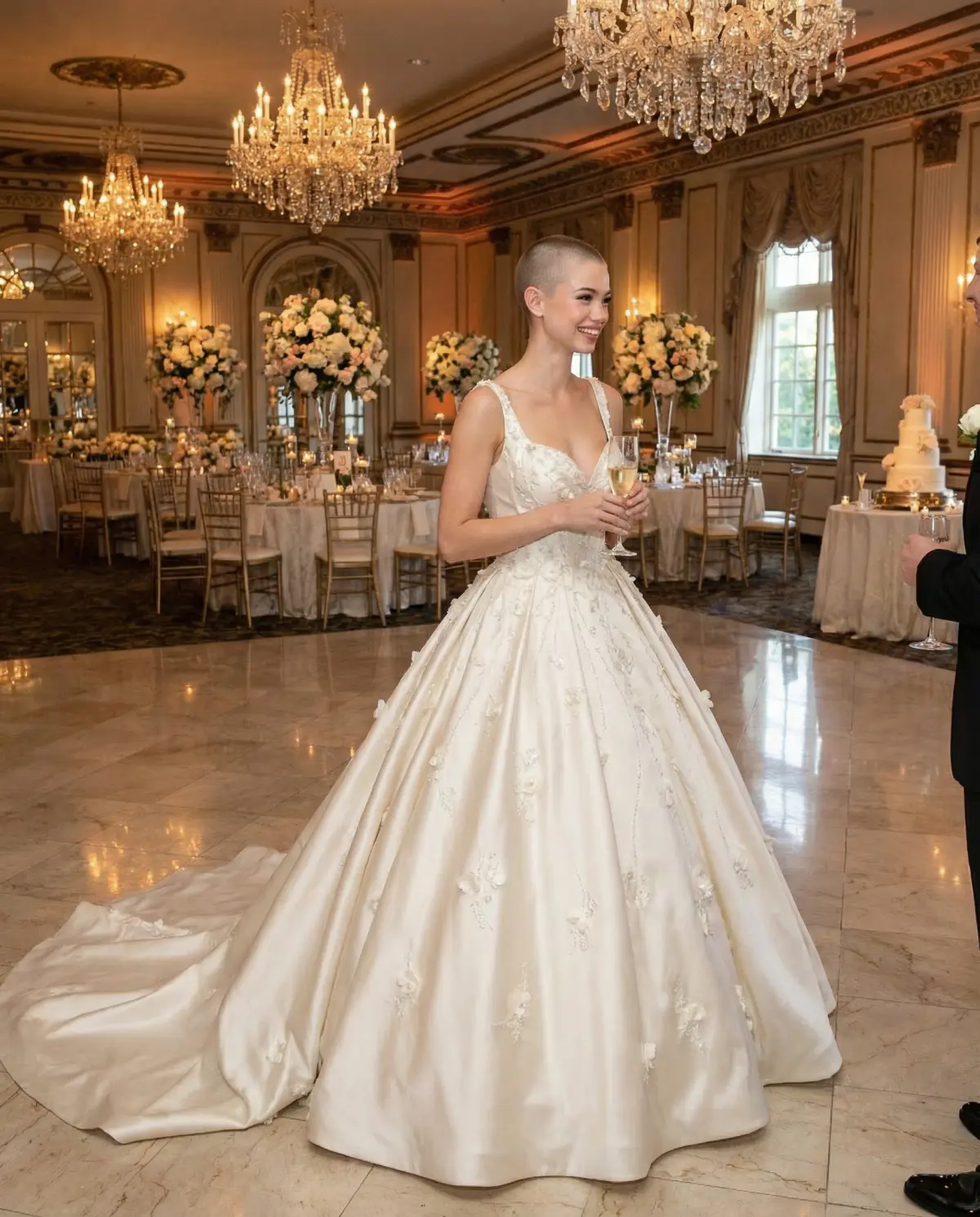 Bride in corset-top ivory ball gown with visible boning and full skirt