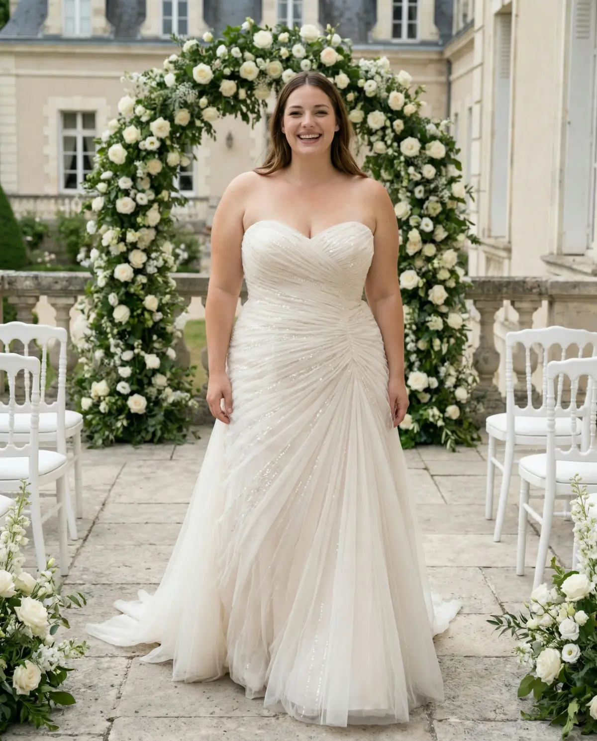 Ivory fit and flare corset dress showcasing waist definition