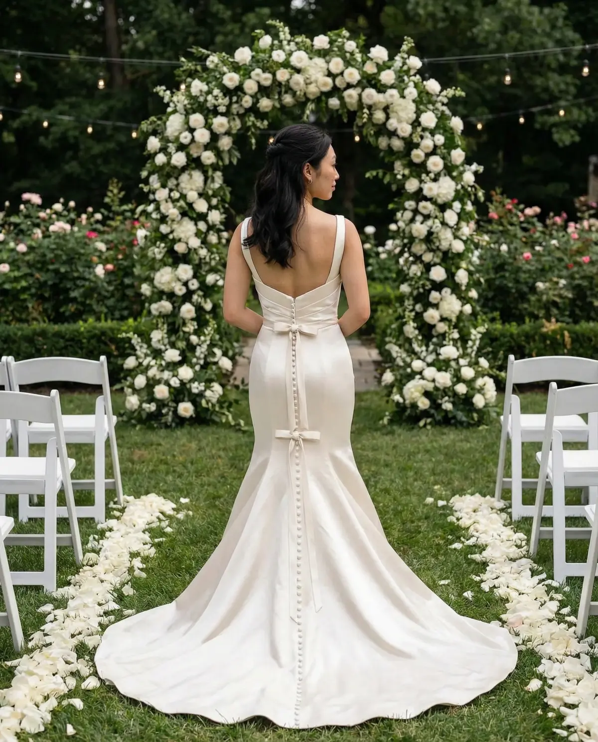 Off-white mermaid corset gown highlighting curves with structured bodice