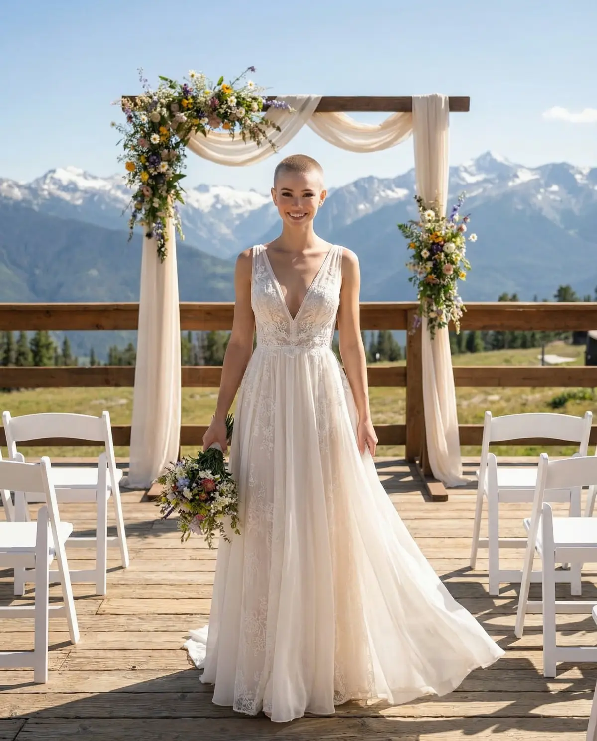 Bride in simple flowy ivory A-line dress on mountain overlook