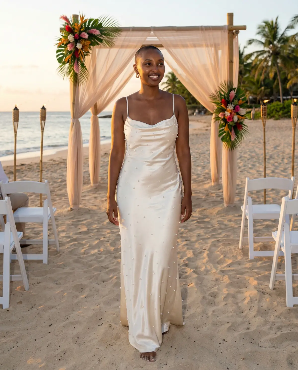 Off-white slip dress creating effortless intimate bridal moment