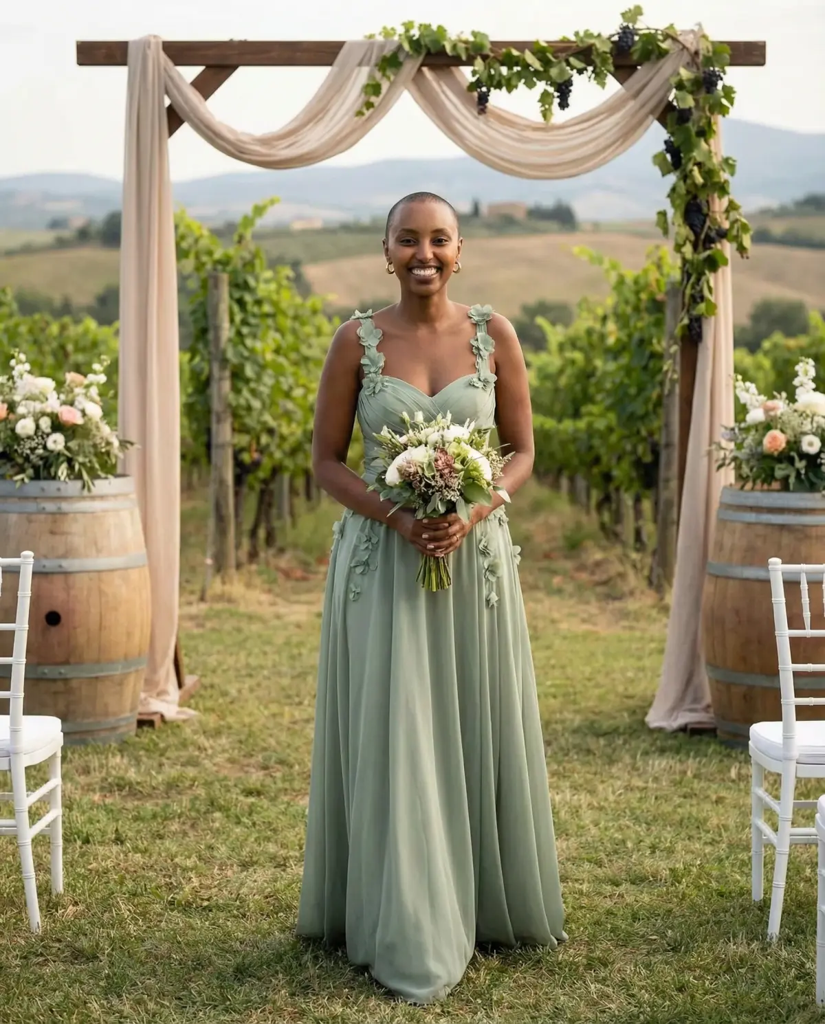 Sage green A-line dress perfect for daytime garden wedding ceremonies