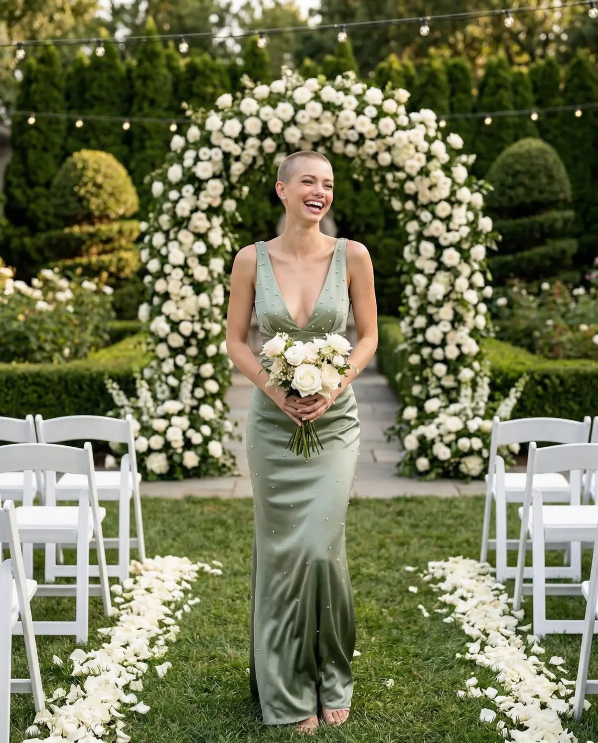 Wedding guest in elegant sage green column gown at evening celebration