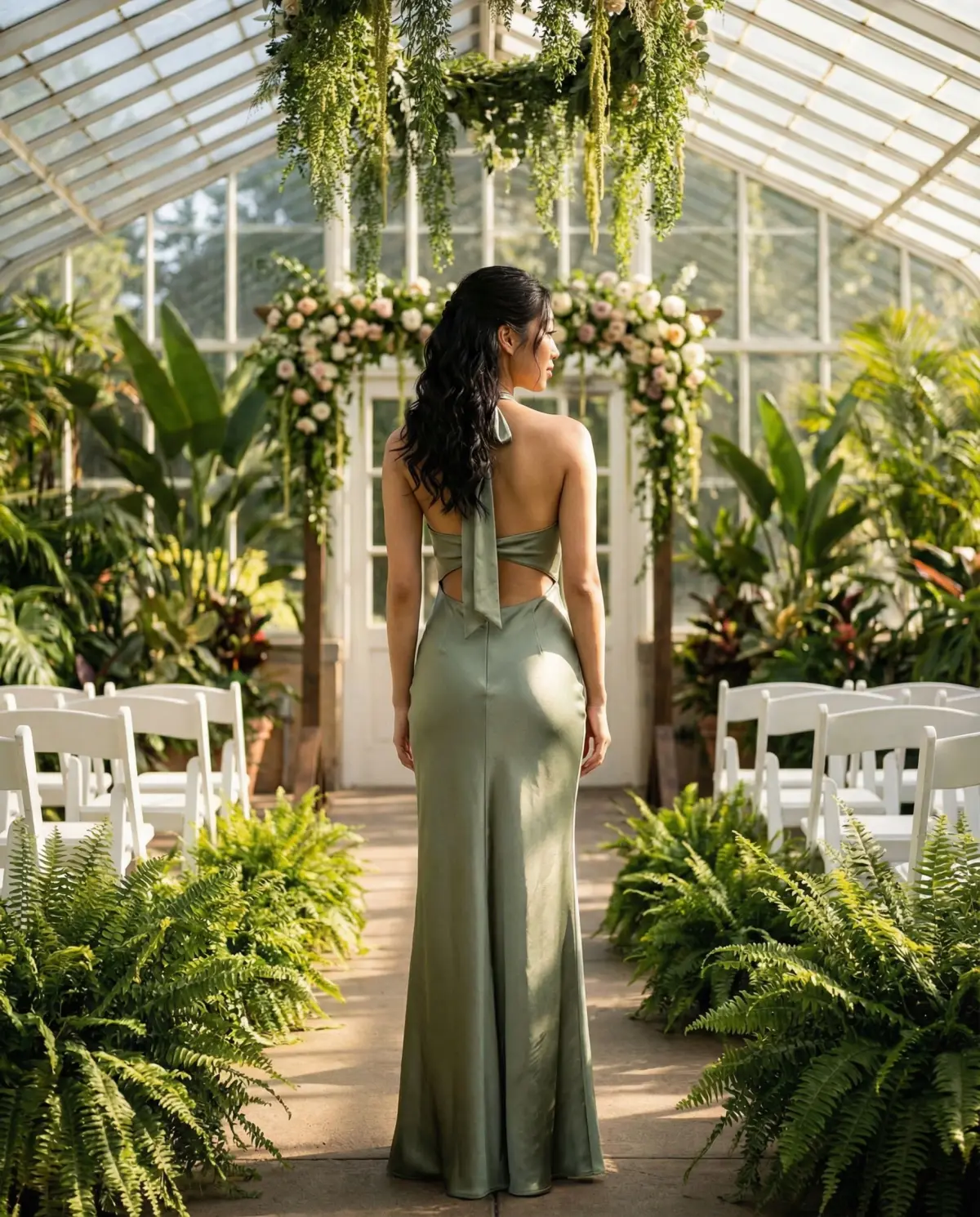 Sophisticated sage green column gown demonstrating formal wedding guest elegance