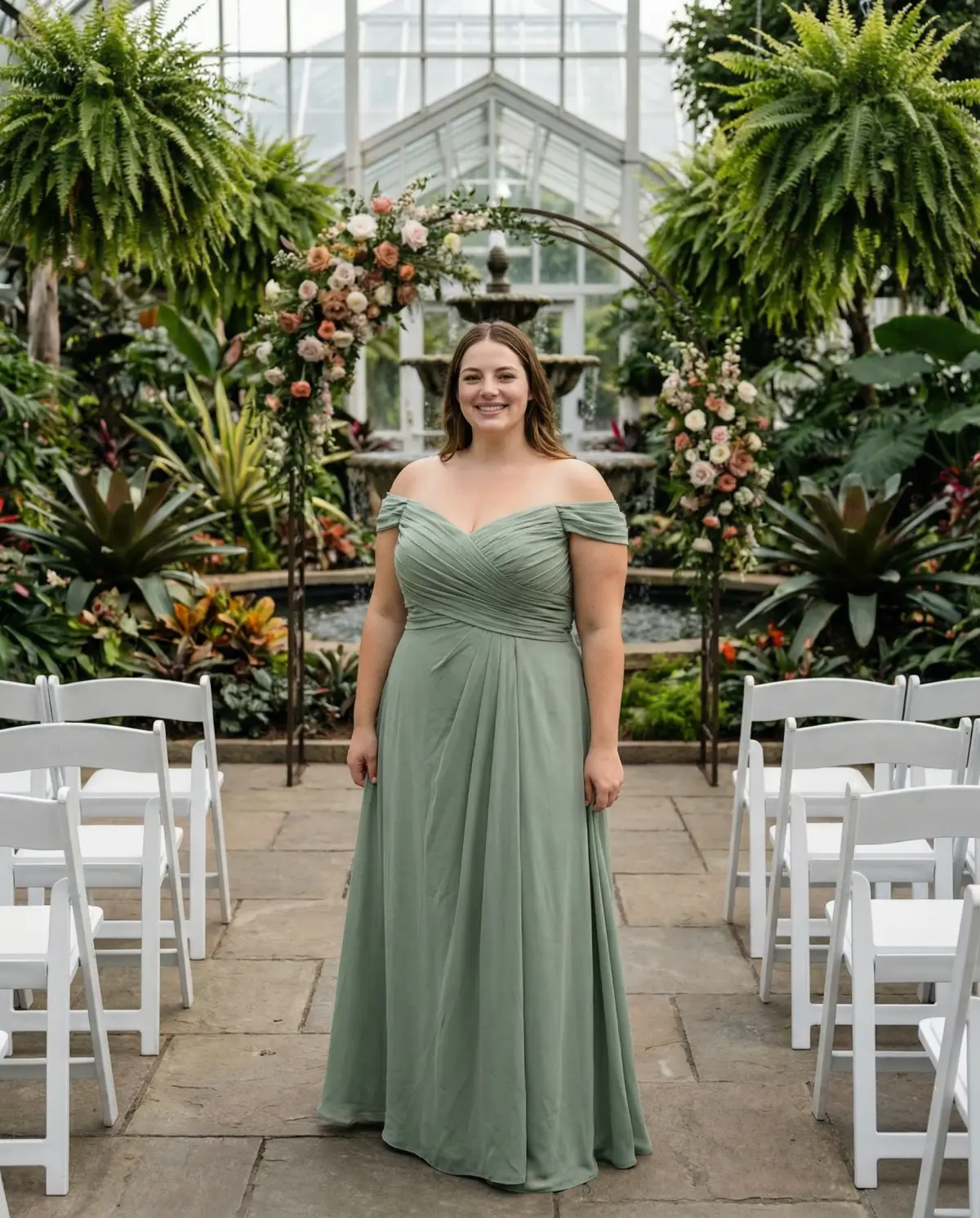 Sage green fit and flare gown offering romantic silhouette for outdoor weddings