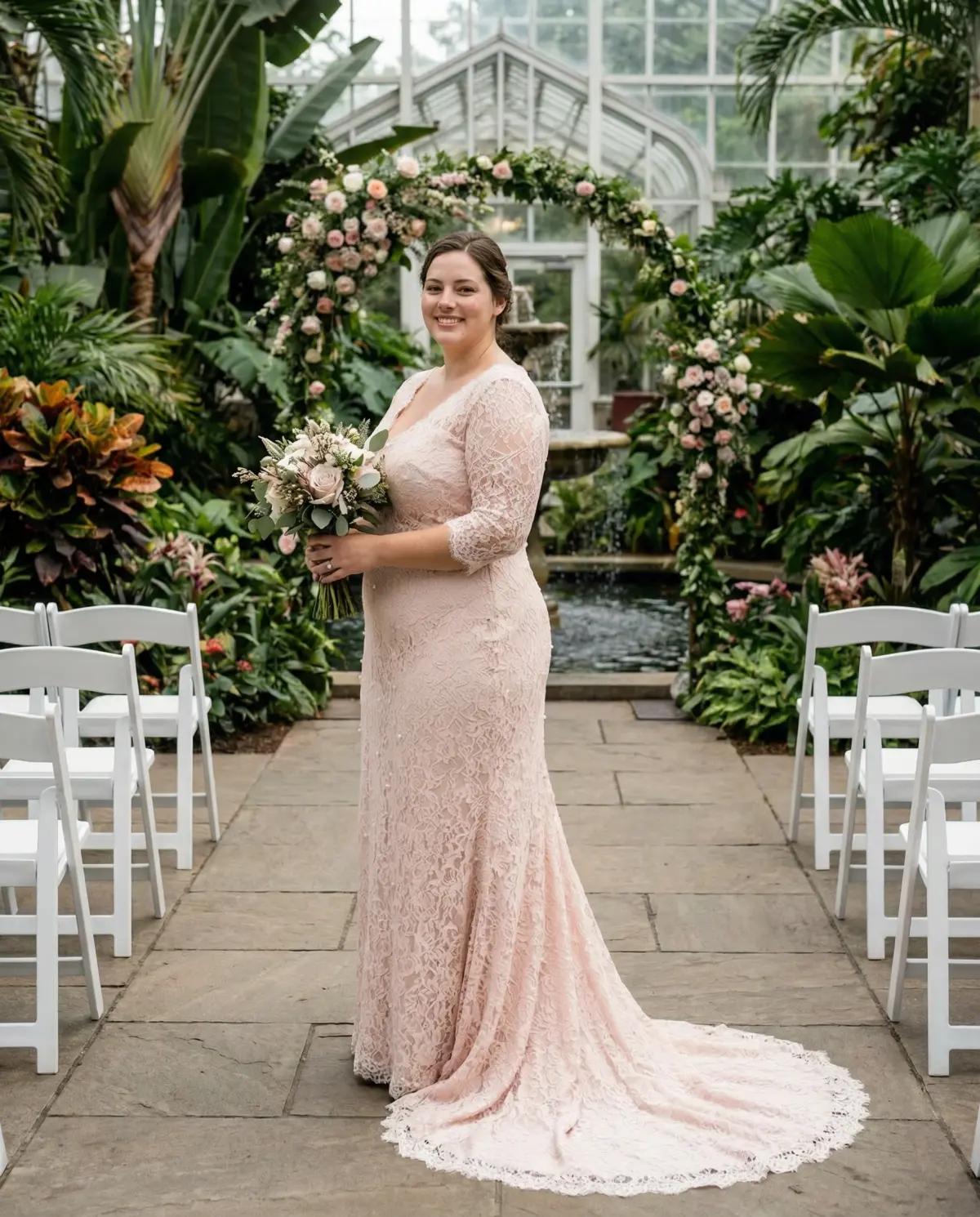 Bride in blush pink Chantilly lace sheath gown with three-quarter sleeves and pearl accents in a botanical garden
