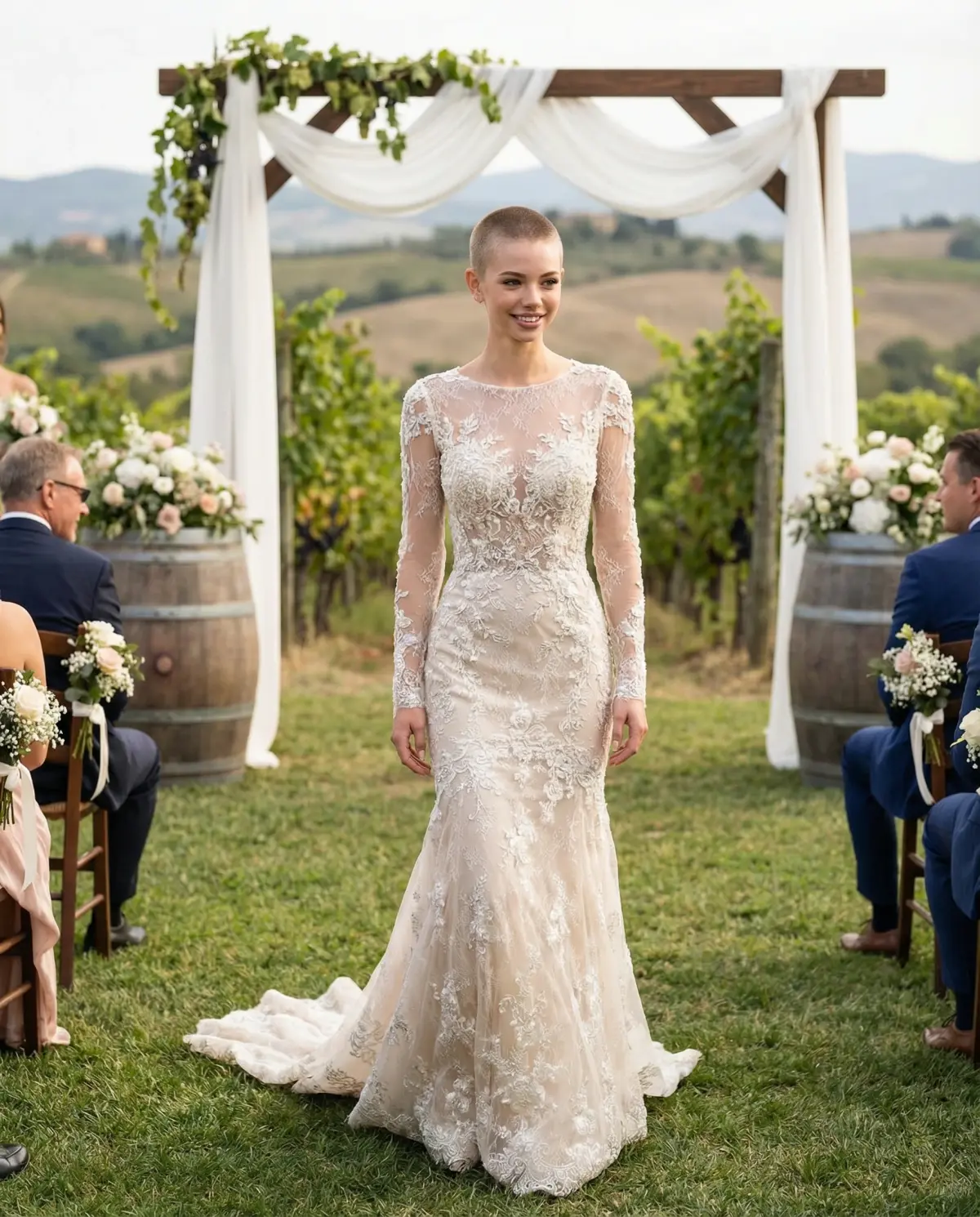 Bride in champagne beaded lace fit-and-flare gown with long lace sleeves and chapel train at a romantic vineyard