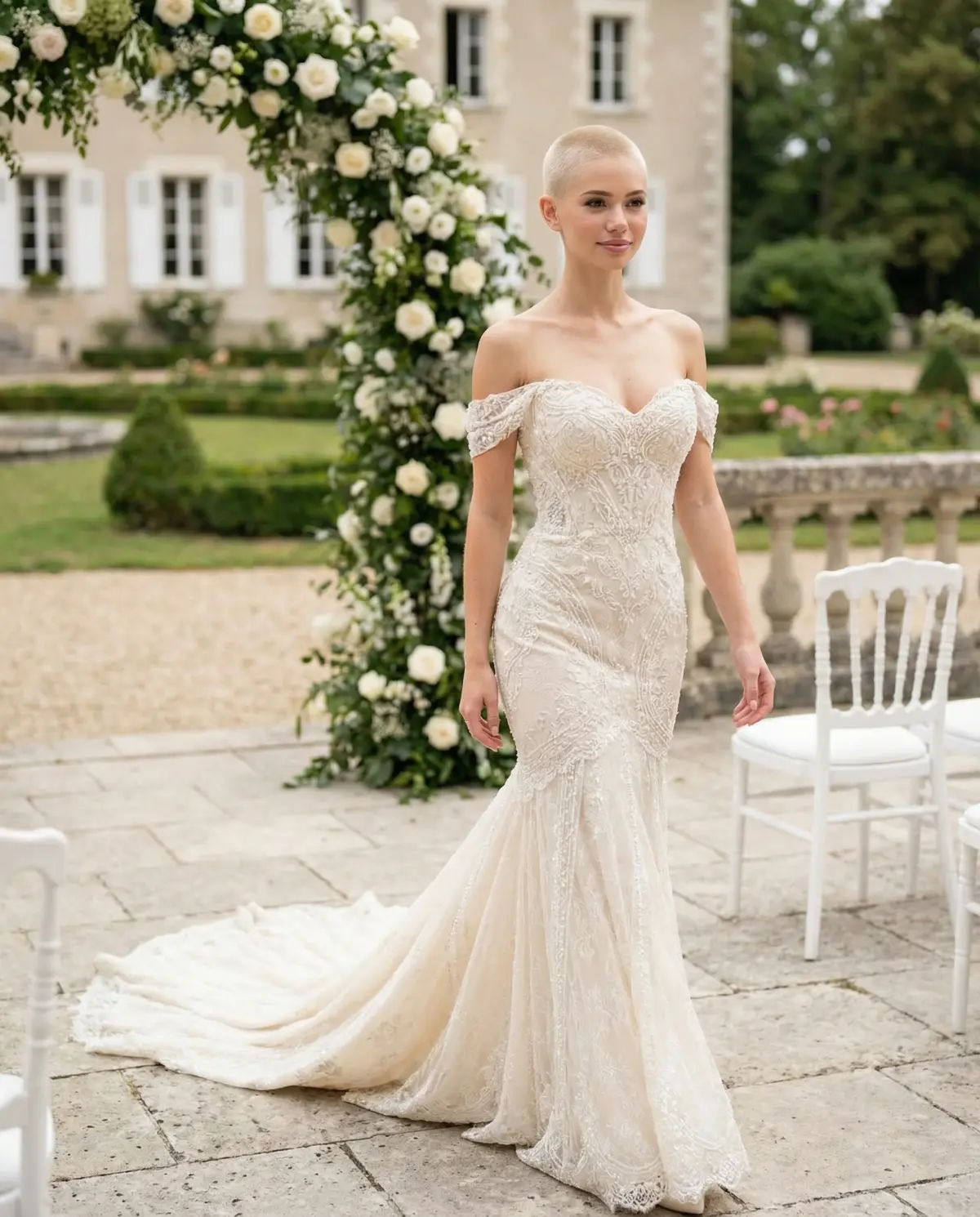 Bride in cream beaded lace mermaid gown with off-shoulder sleeves and chapel train at a French chateau terrace