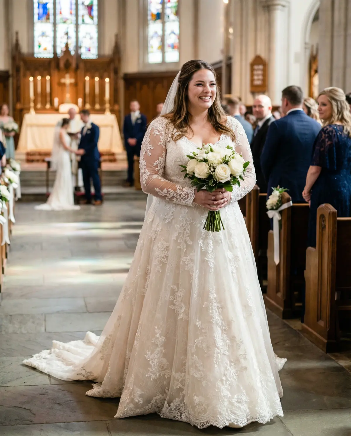 Bride in ivory beaded lace A-line gown with long lace sleeves and cathedral train in a majestic cathedral with stained glass