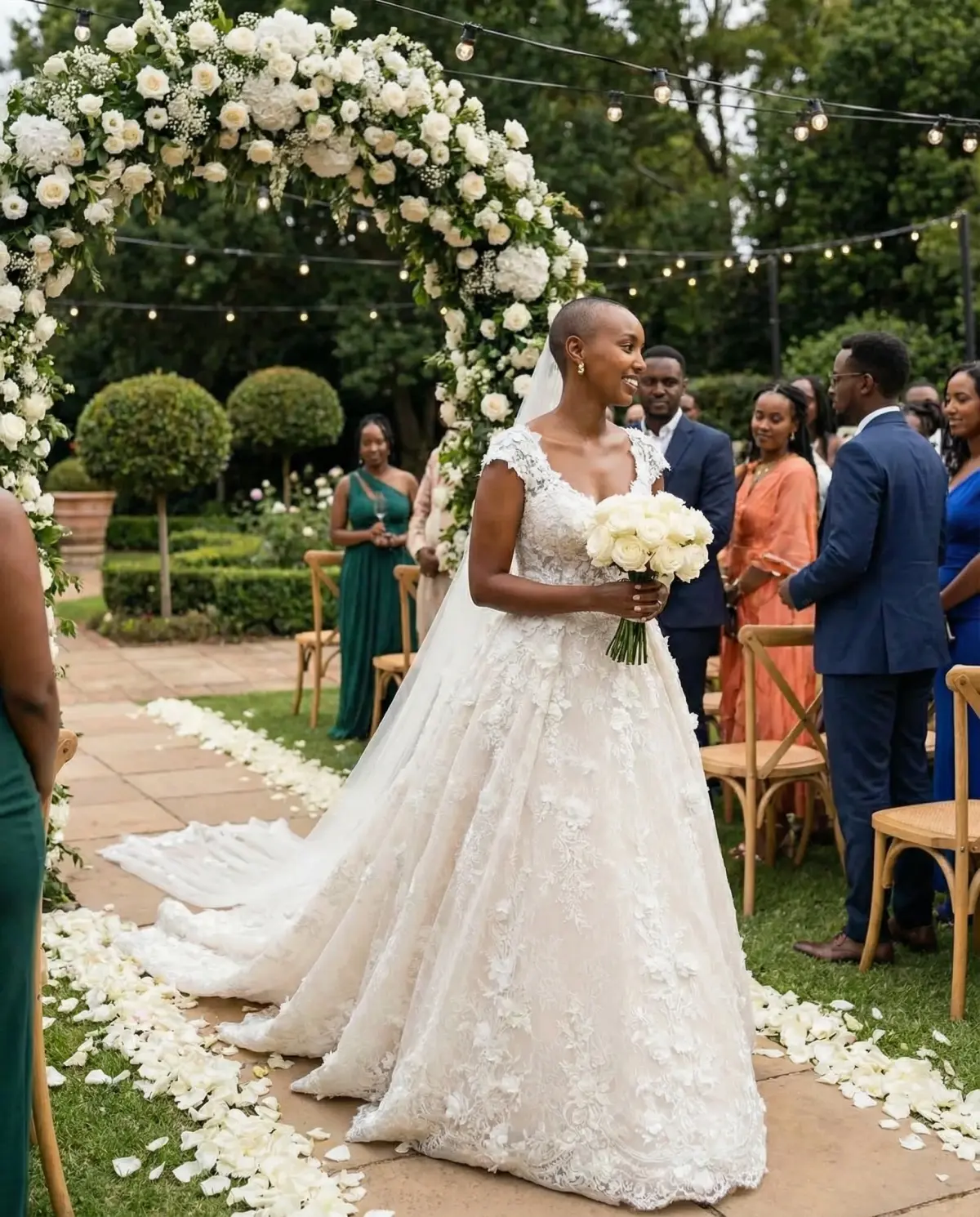 Bride in ivory Chantilly lace ball gown with cap sleeves, 3D floral details, and cathedral train in a garden wedding