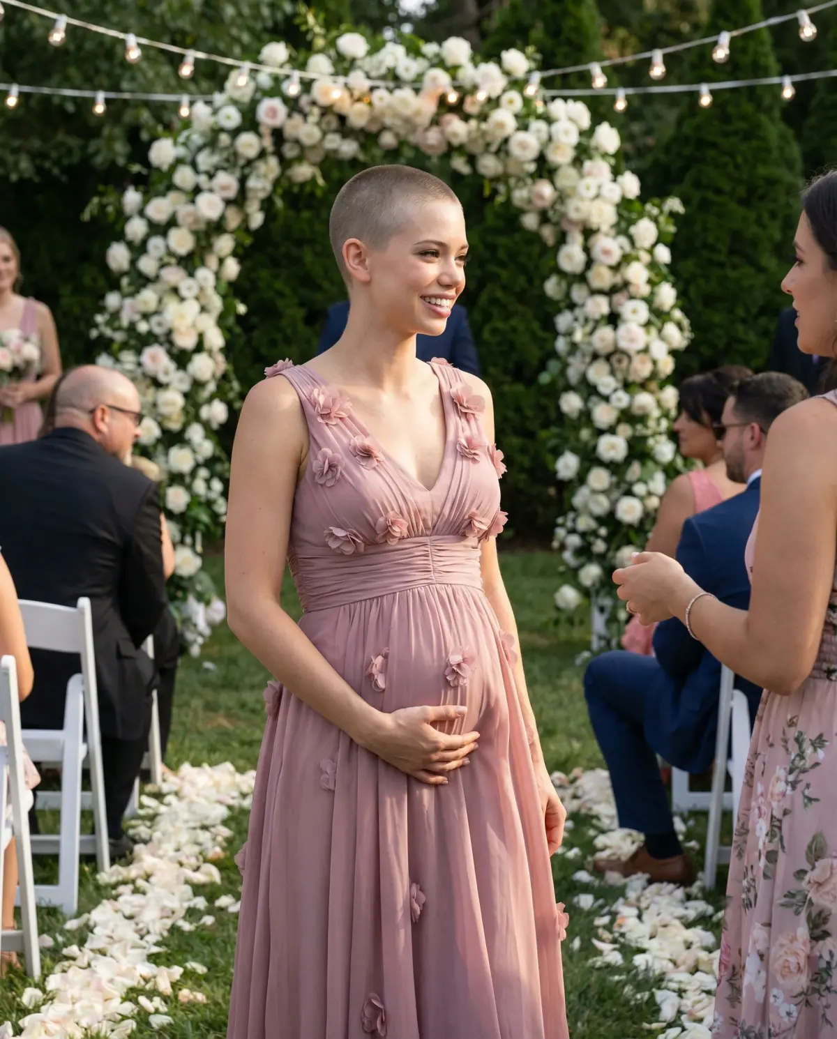 Pregnant wedding guest in a dusty rose empire waist chiffon gown at outdoor ceremony