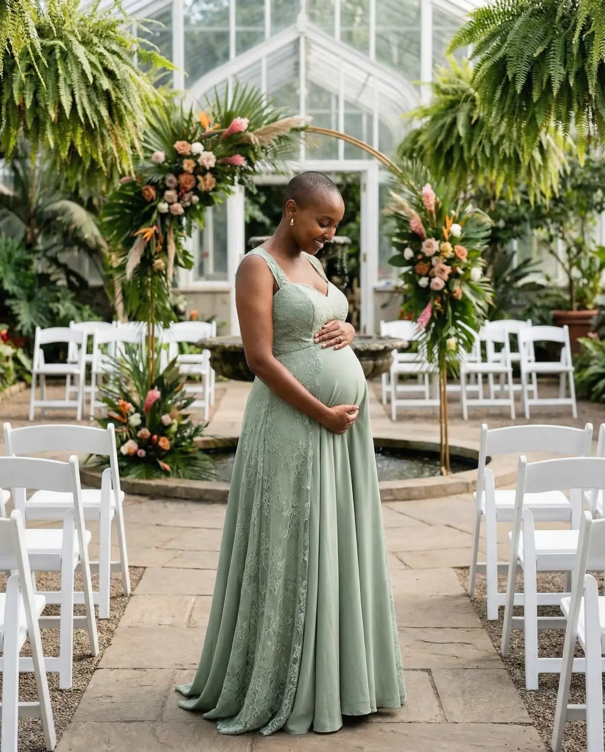 Elegant sage green A-line maternity-friendly dress perfect for garden weddings