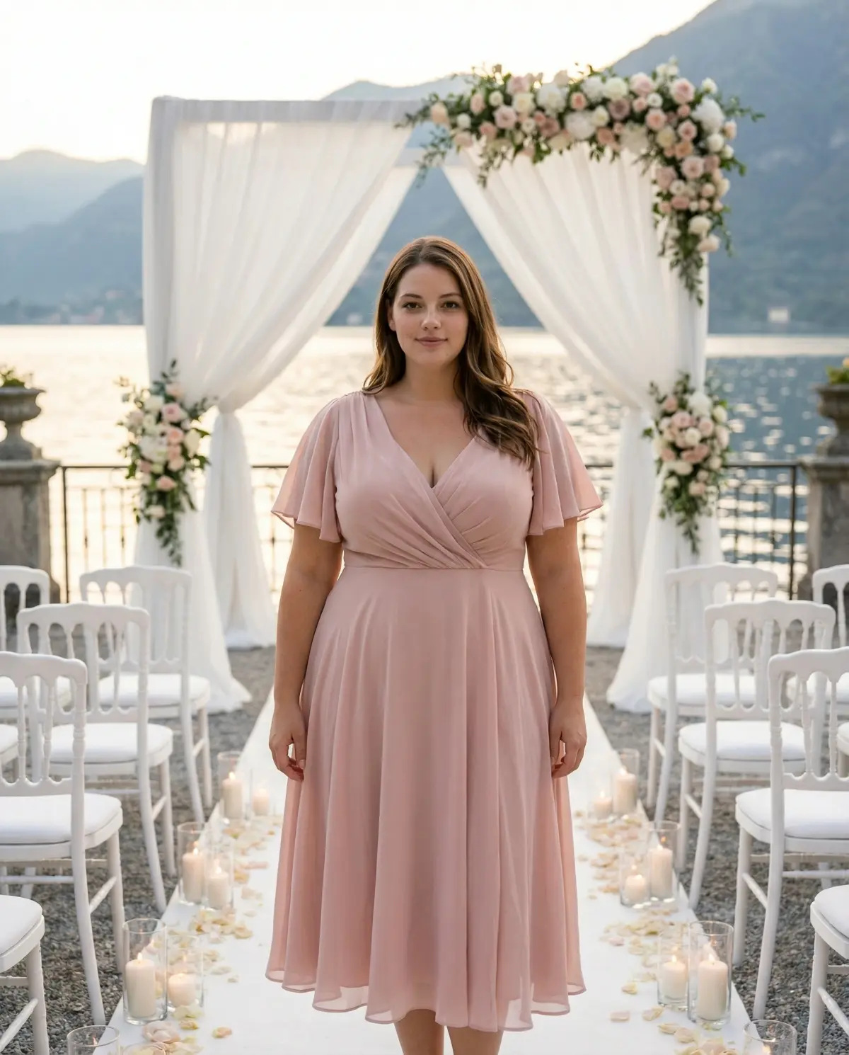 blush pink chiffon midi dress with flutter sleeves
