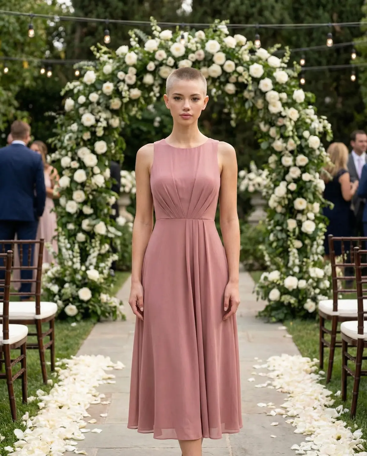 dusty rose midi dress with subtle pleating