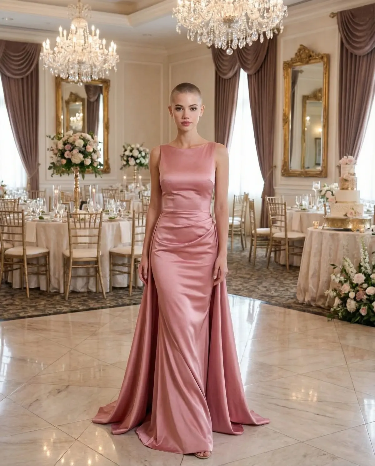 rose pink floor-length satin gown