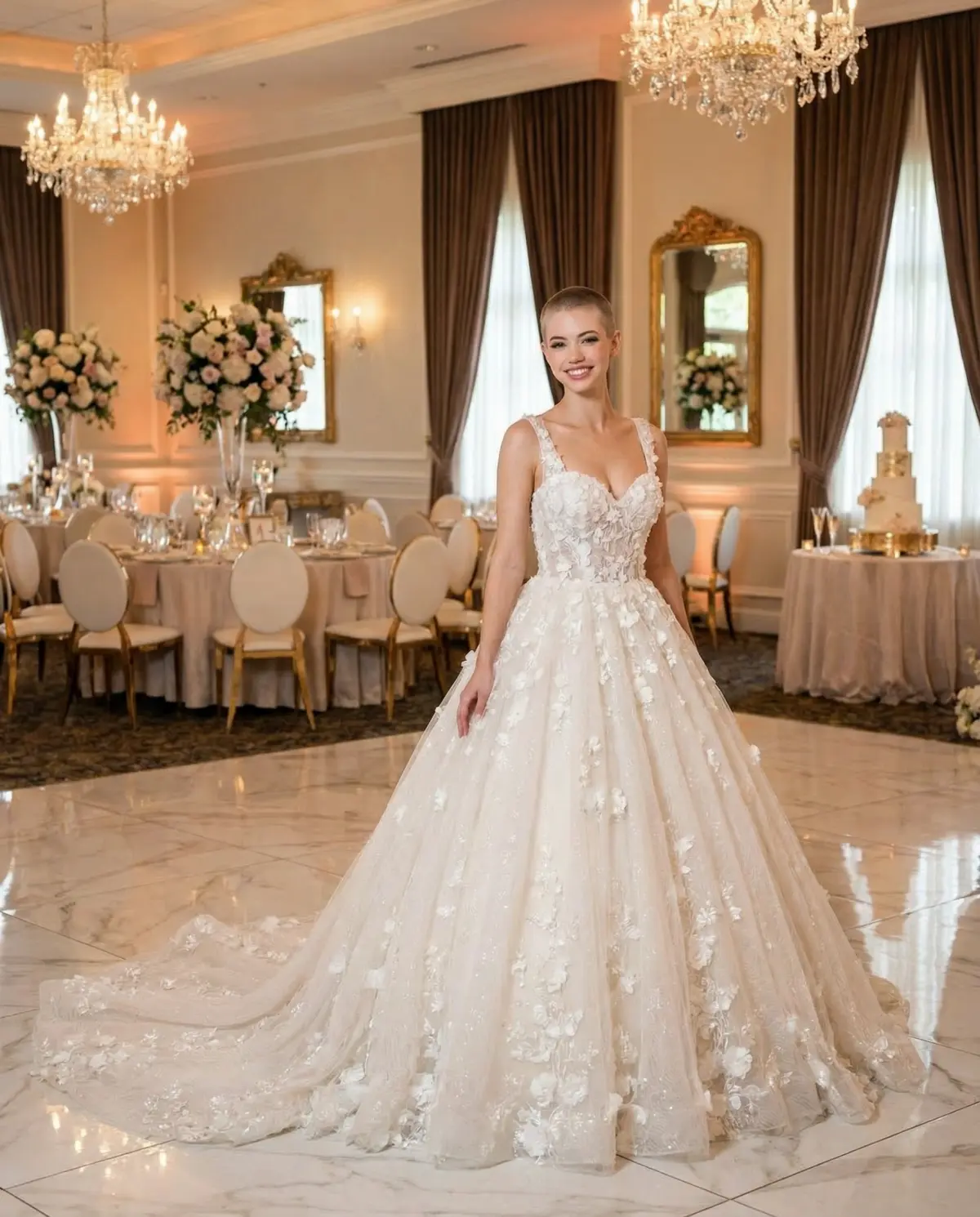 Bride in lavender tulle ball gown with floral appliques in enchanted garden