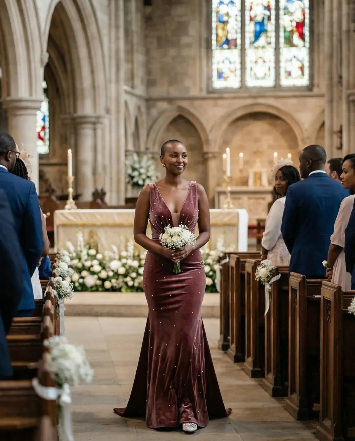 Plum mermaid dress offering bold sophisticated bridal look
