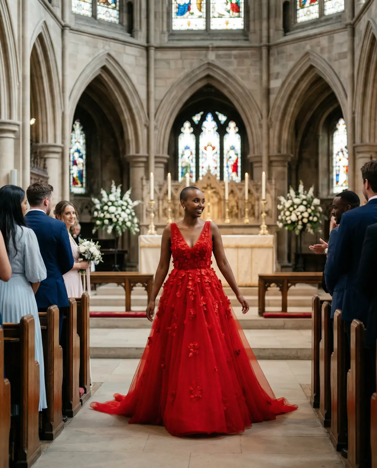 Red A-line gown with flowing skirt perfect for dramatic wedding