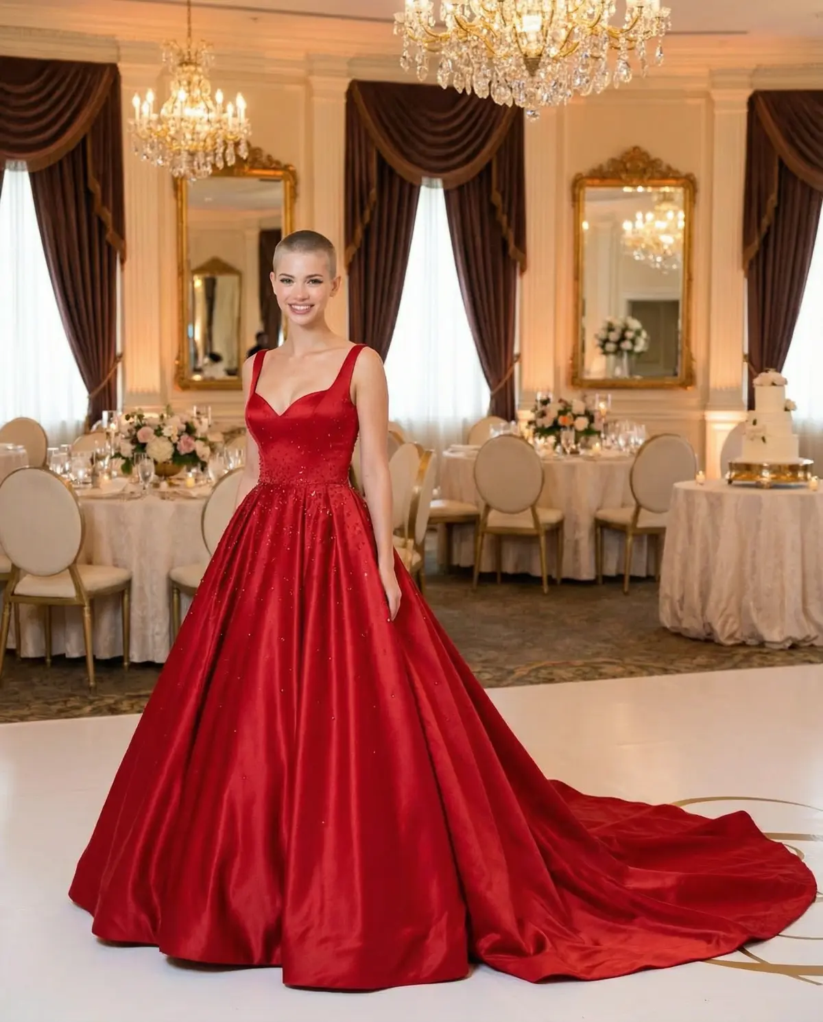 Bride in deep red ball gown with embroidered details at grand indoor venue