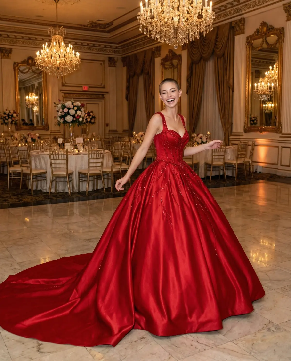 Romantic red ball gown creating bold statement bridal moment