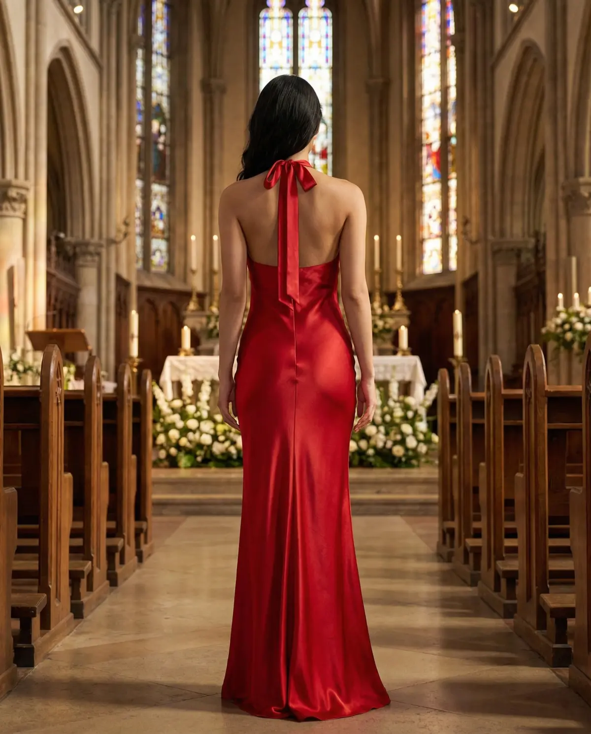 Red column gown creating minimalist modern bridal statement