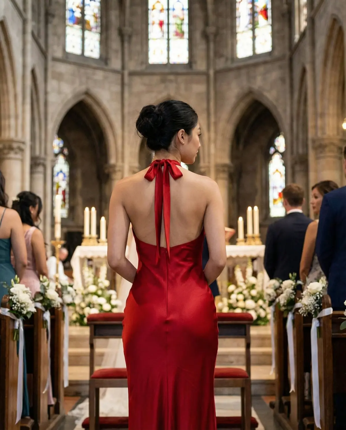 Red column wedding dress with sleek contemporary elegance