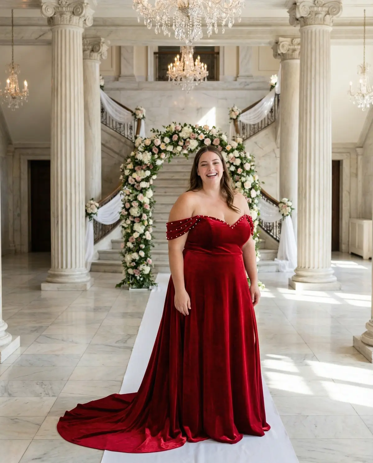 Red fit and flare gown showcasing modern feminine bridal style