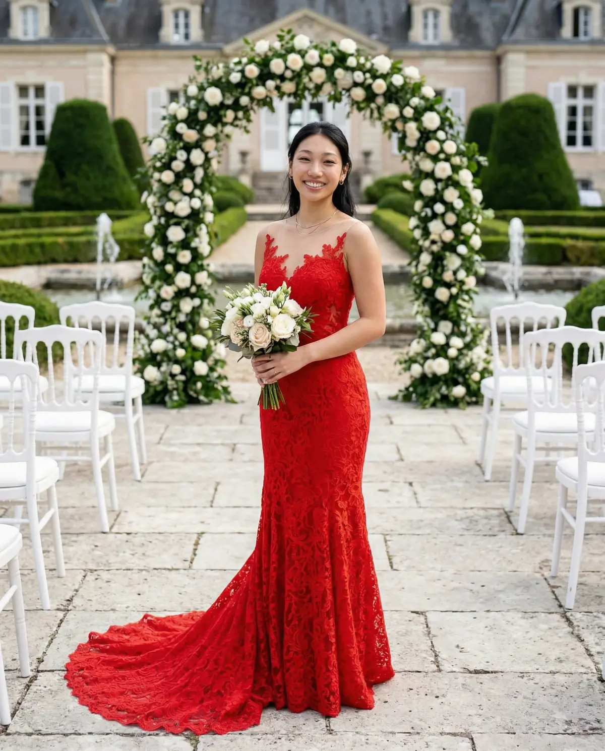 Red mermaid wedding gown with dramatic fitted bridal silhouette