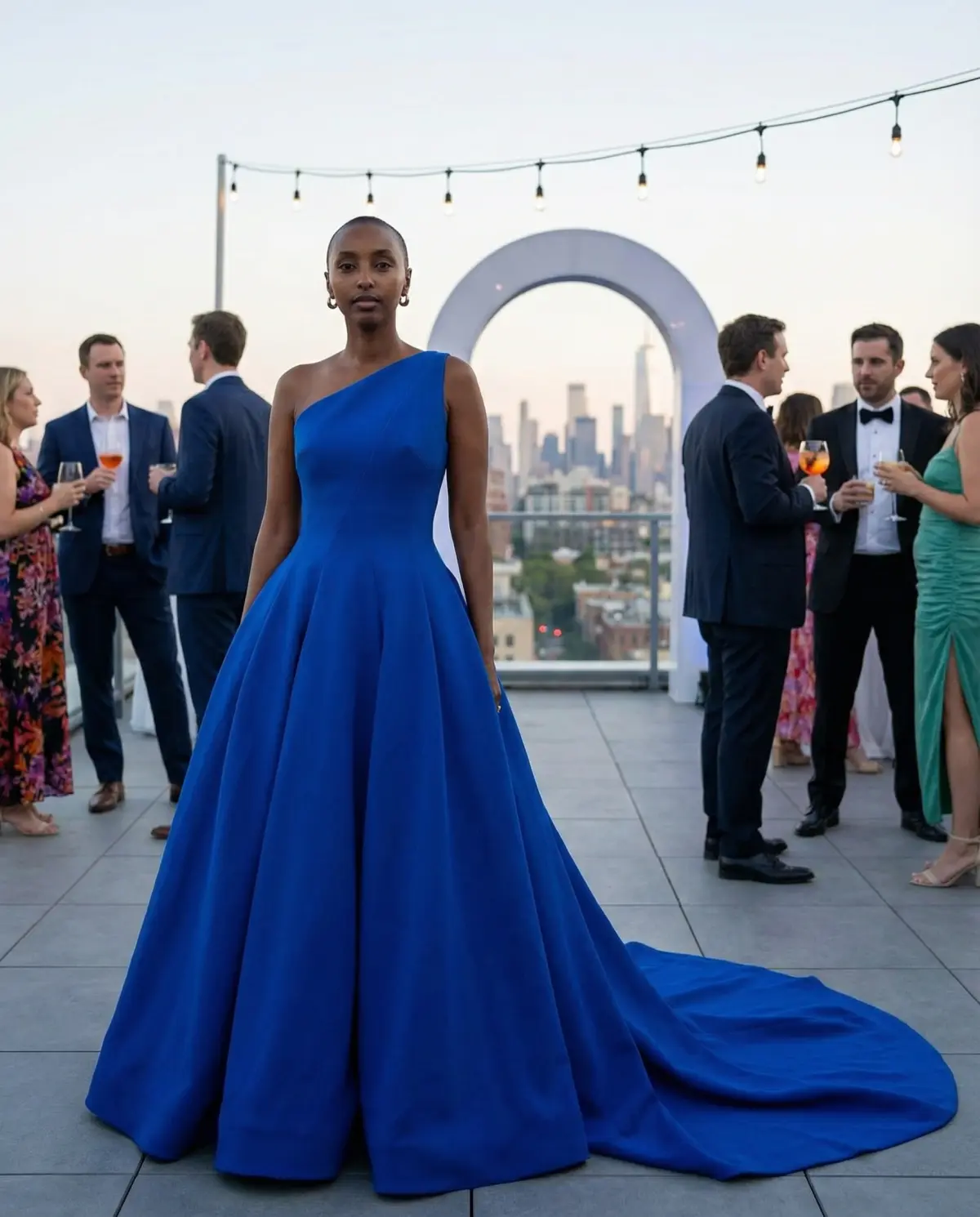 Woman in cobalt blue one-shoulder dress at City Skyline Rooftop