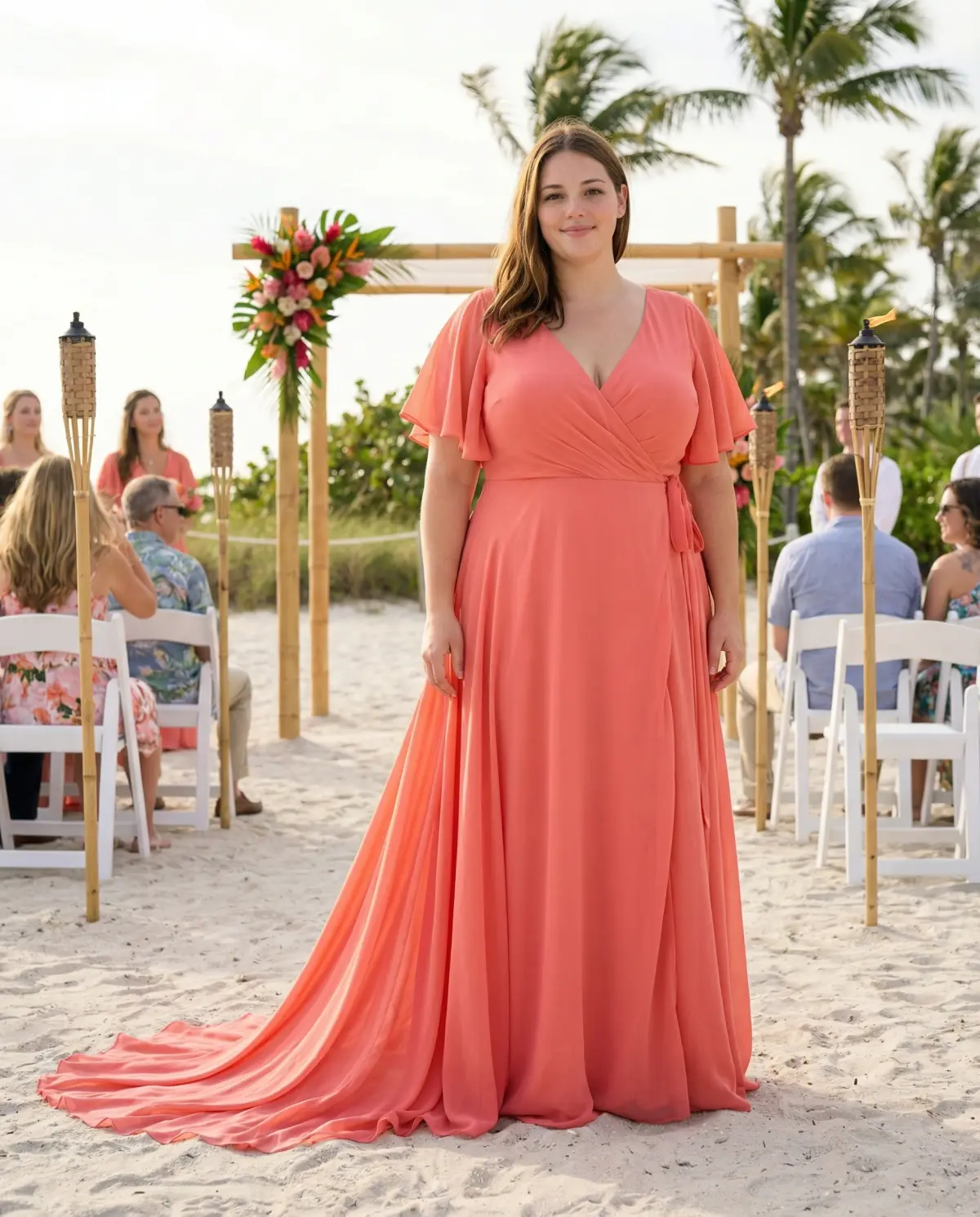 Woman in coral wrap midi dress at Beach at Sunset
