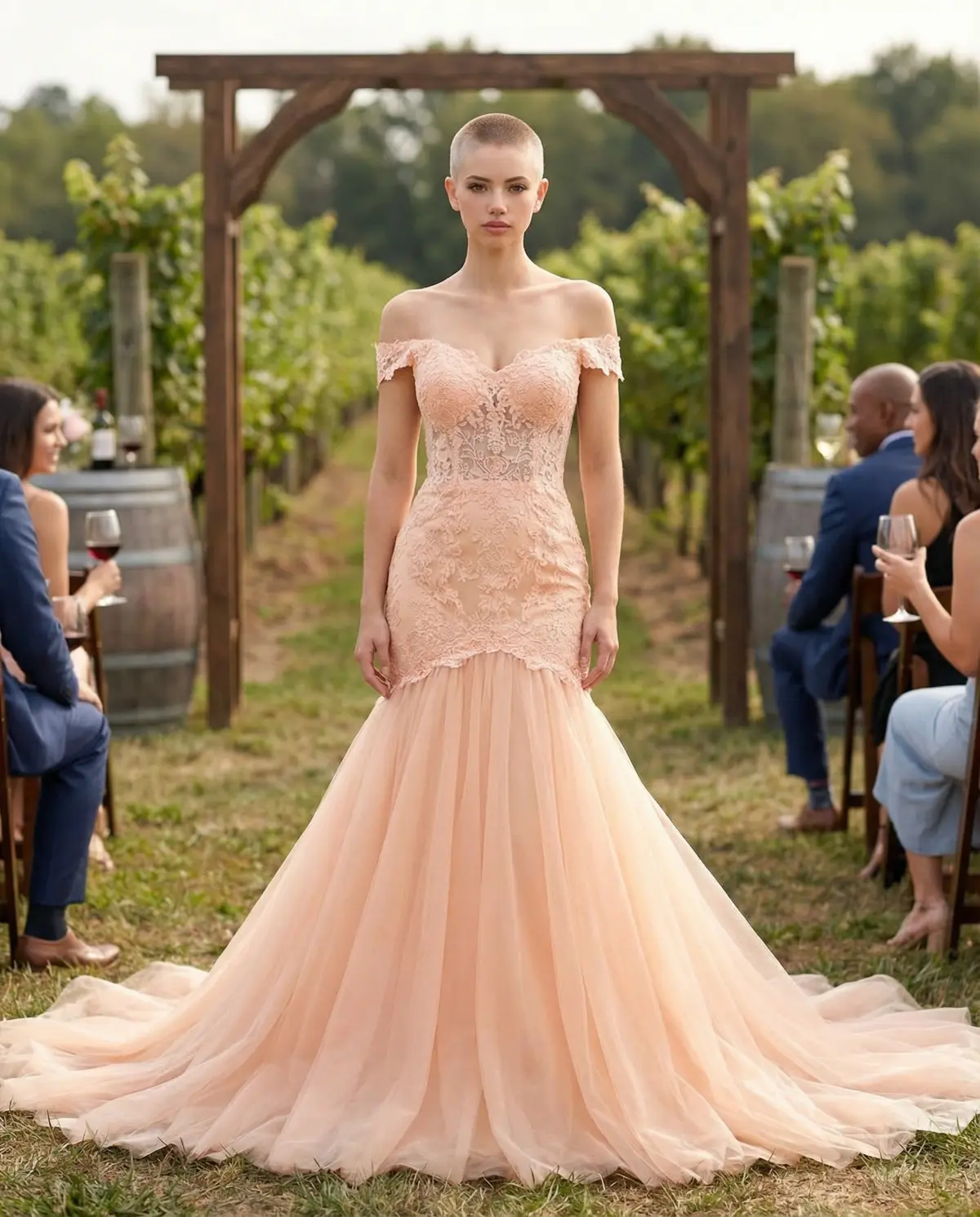 Woman in peach fit-and-flare dress at Vineyard