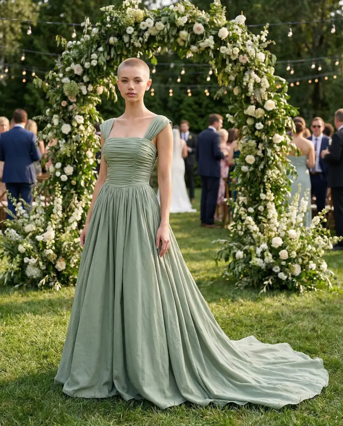 Woman in sage green A-line midi dress at Garden Wedding