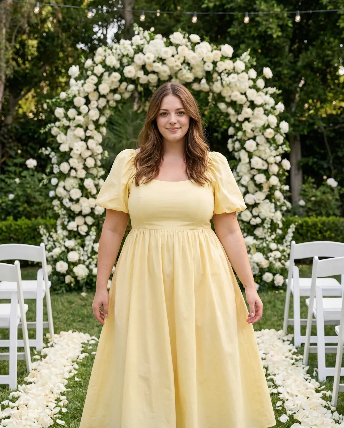 Butter yellow midi dress at garden wedding