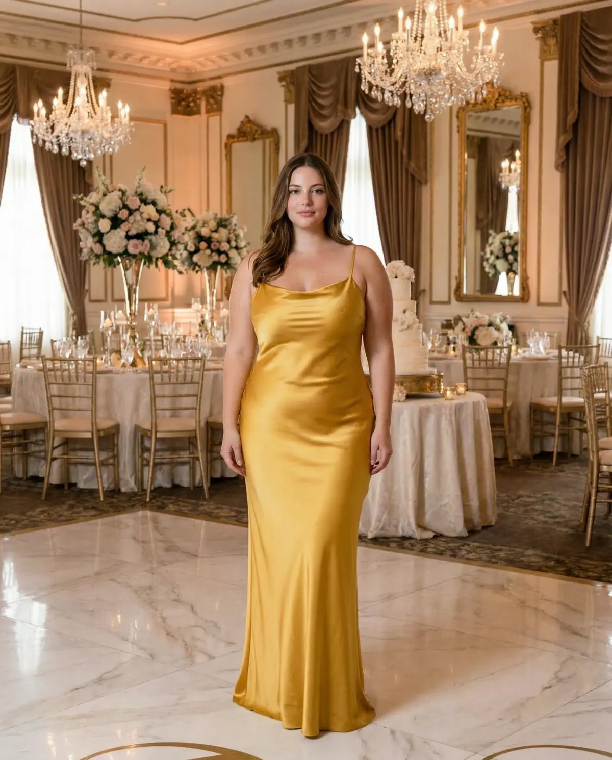 Golden yellow satin dress at formal wedding